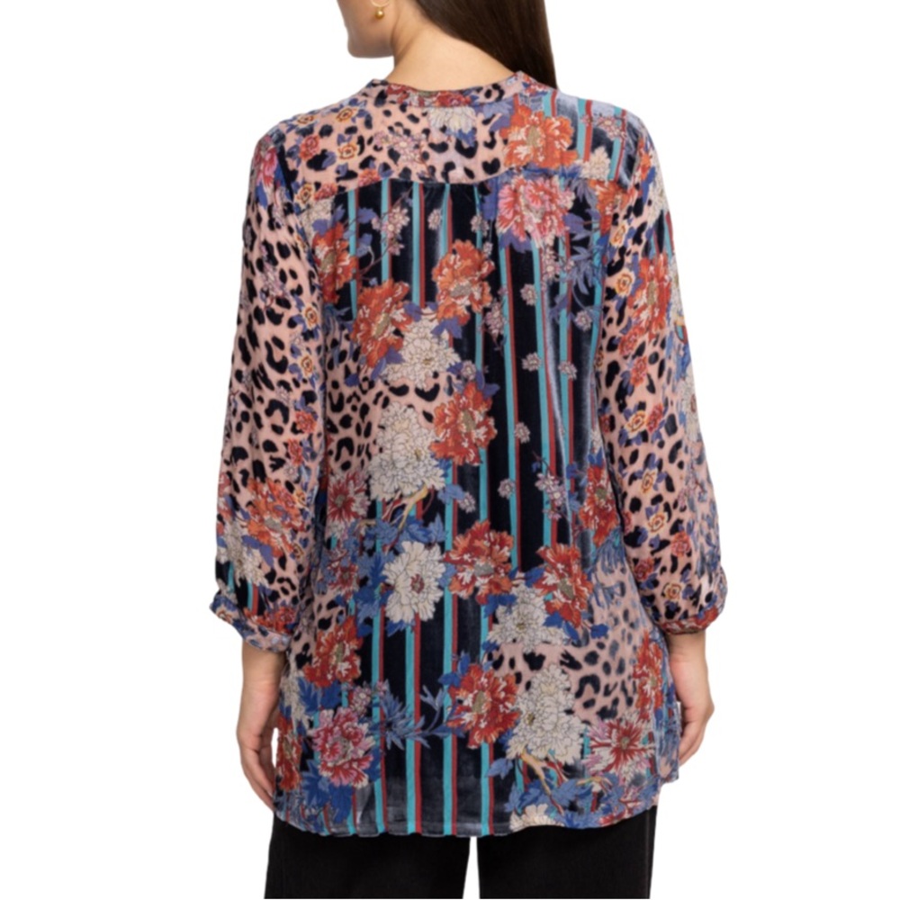 NWT Floral Stripe Mixed-Print V-Neck Tunic Top - Blue Multi Size S - Picture 2 of 11